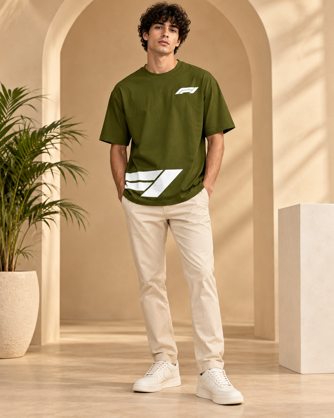 Men’s Olive Green Down Shoulder Abstract Graphic Printed T-Shirt