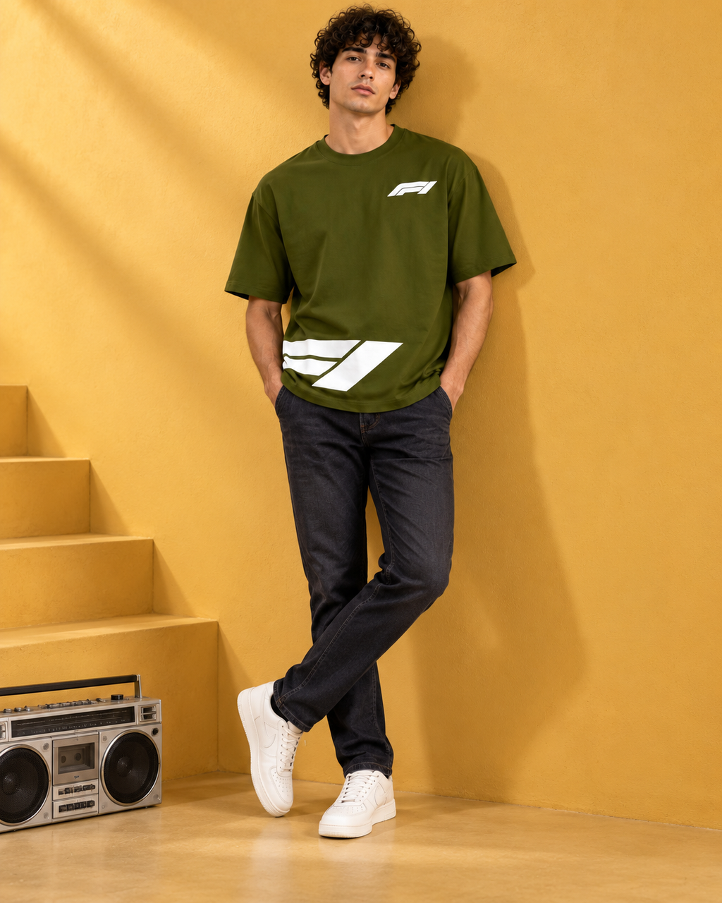 Men’s Olive Green Down Shoulder Abstract Graphic Printed T-Shirt