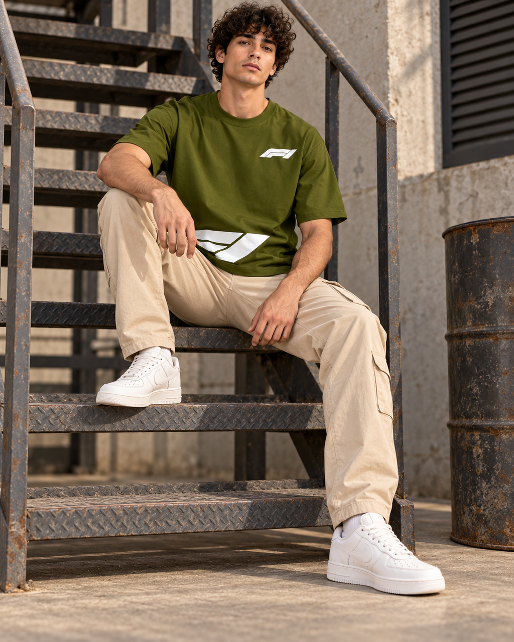 Men’s Olive Green Down Shoulder Abstract Graphic Printed T-Shirt