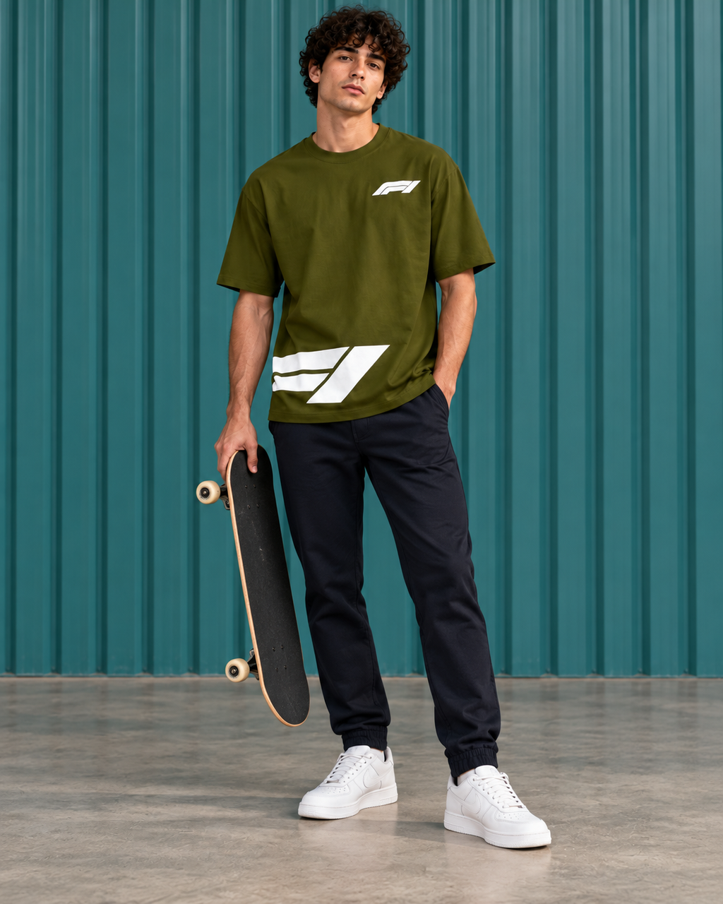 Men’s Olive Green Down Shoulder Abstract Graphic Printed T-Shirt
