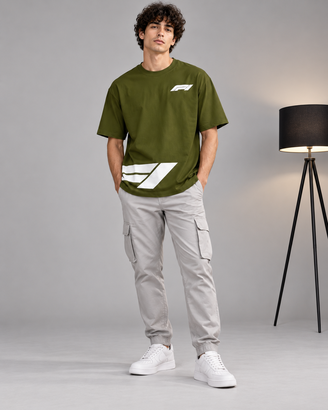 Men’s Olive Green Down Shoulder Abstract Graphic Printed T-Shirt