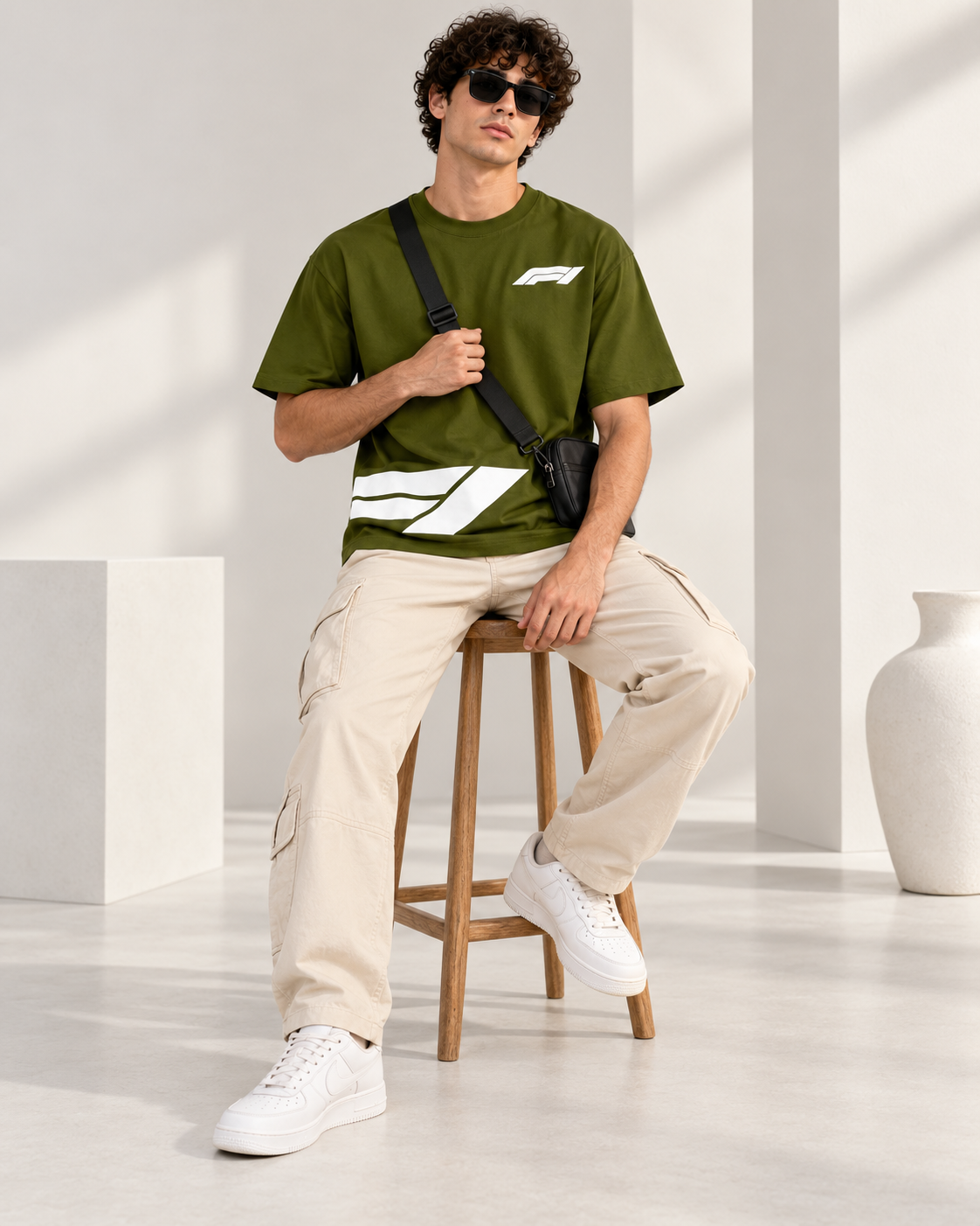 Men’s Olive Green Down Shoulder Abstract Graphic Printed T-Shirt