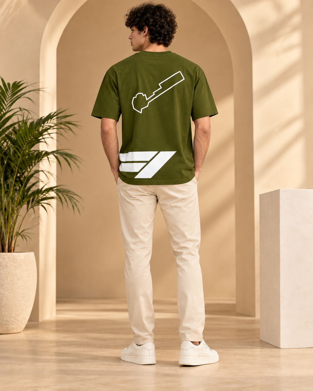 Men’s Olive Green Down Shoulder Abstract Graphic Printed T-Shirt