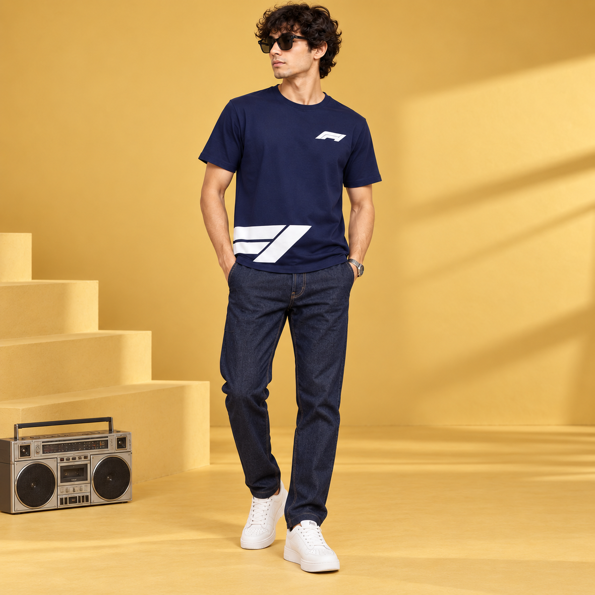Men’s Navy Blue Down Shoulder Abstract Graphic Printed T-Shirt