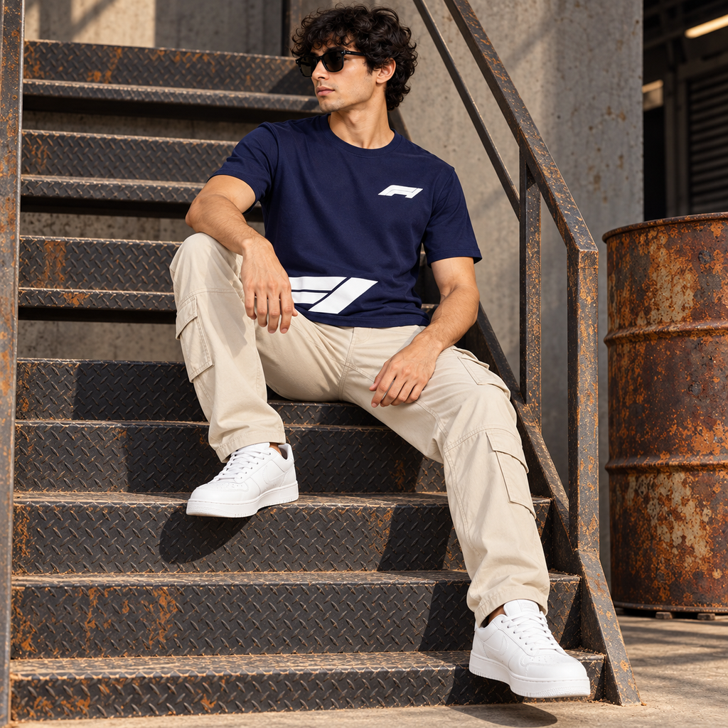 Men’s Navy Blue Down Shoulder Abstract Graphic Printed T-Shirt