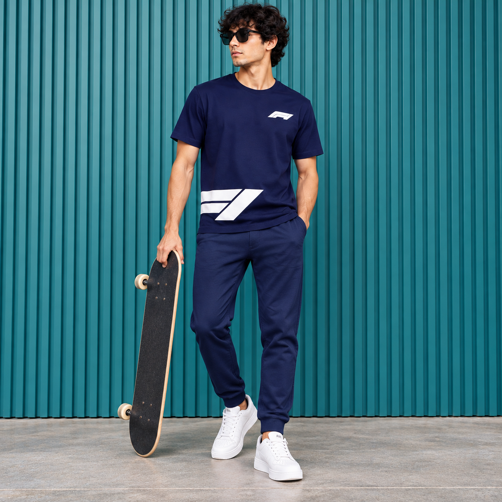 Men’s Navy Blue Down Shoulder Abstract Graphic Printed T-Shirt