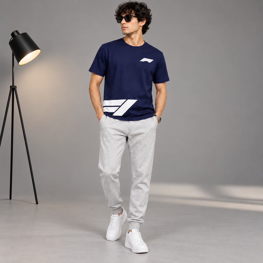 Men’s Navy Blue Down Shoulder Abstract Graphic Printed T-Shirt