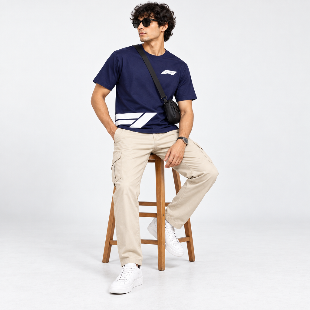 Men’s Navy Blue Down Shoulder Abstract Graphic Printed T-Shirt