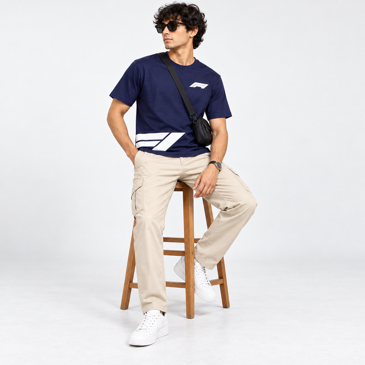Men’s Navy Blue Down Shoulder Abstract Graphic Printed T-Shirt