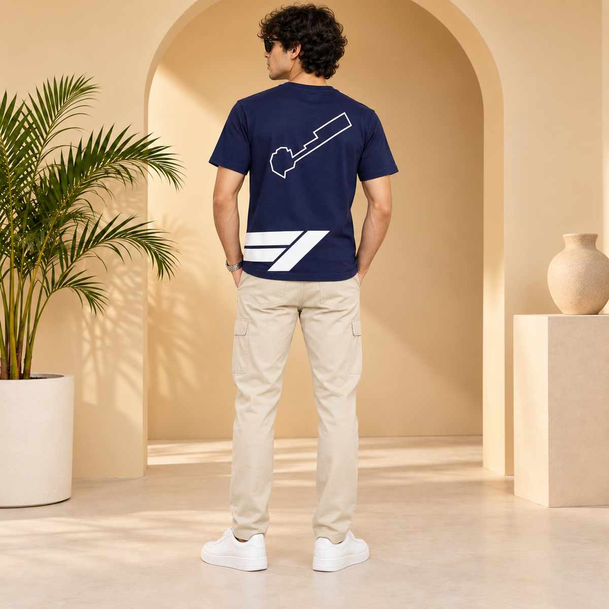 Men’s Navy Blue Down Shoulder Abstract Graphic Printed T-Shirt