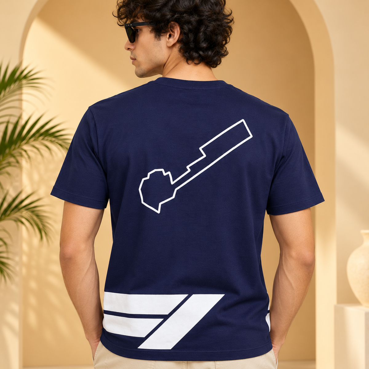 Men’s Navy Blue Down Shoulder Abstract Graphic Printed T-Shirt