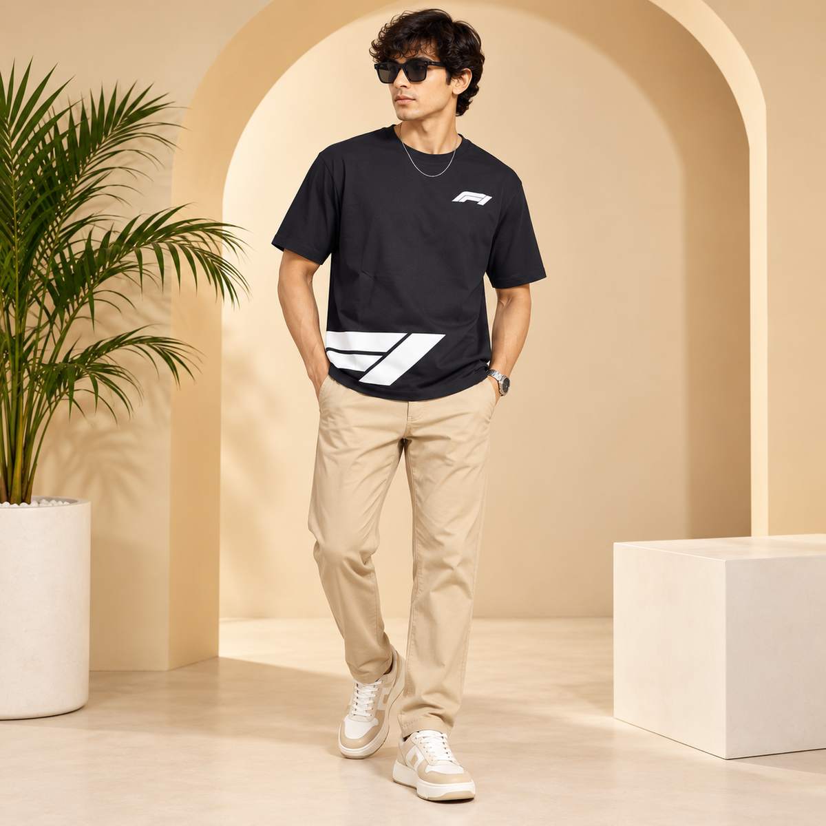 Men’s Black Down Shoulder Abstract Graphic Printed T-Shirt