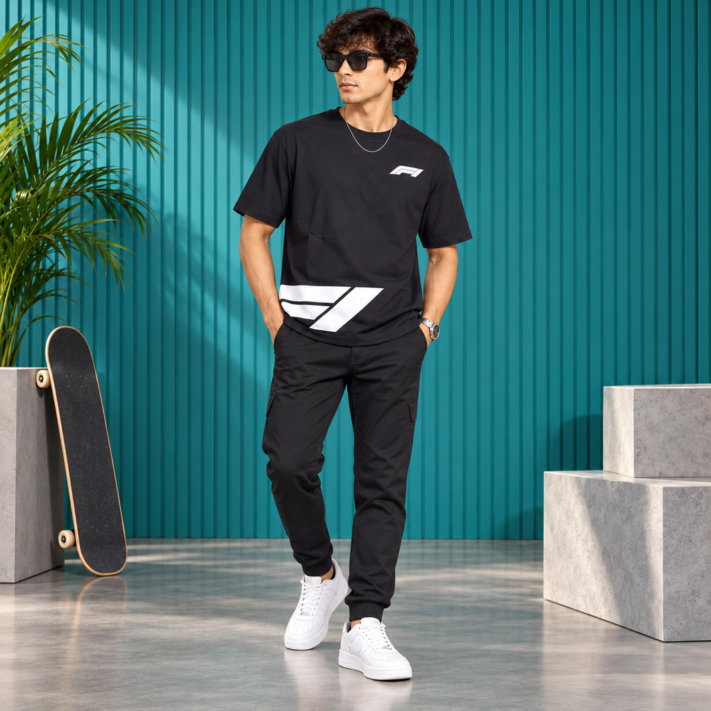 Men’s Black Down Shoulder Abstract Graphic Printed T-Shirt