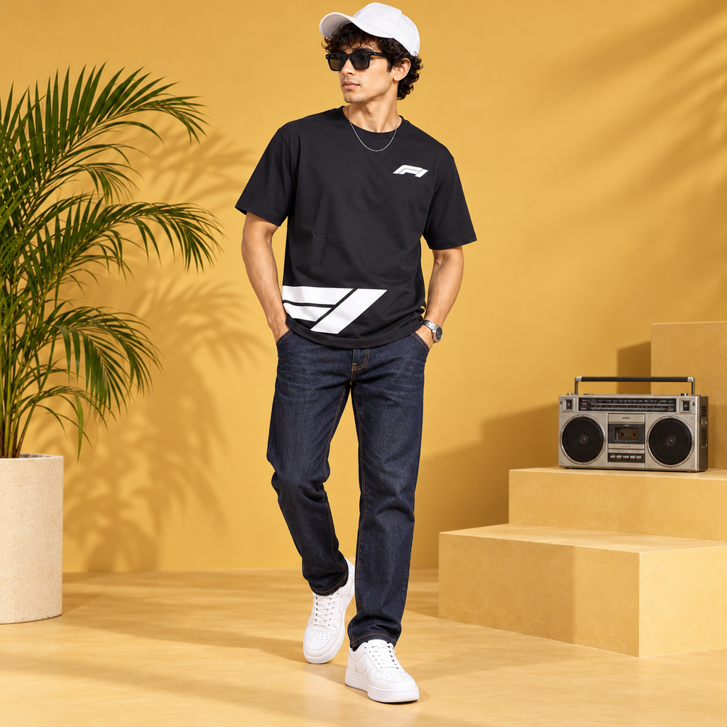 Men’s Black Down Shoulder Abstract Graphic Printed T-Shirt