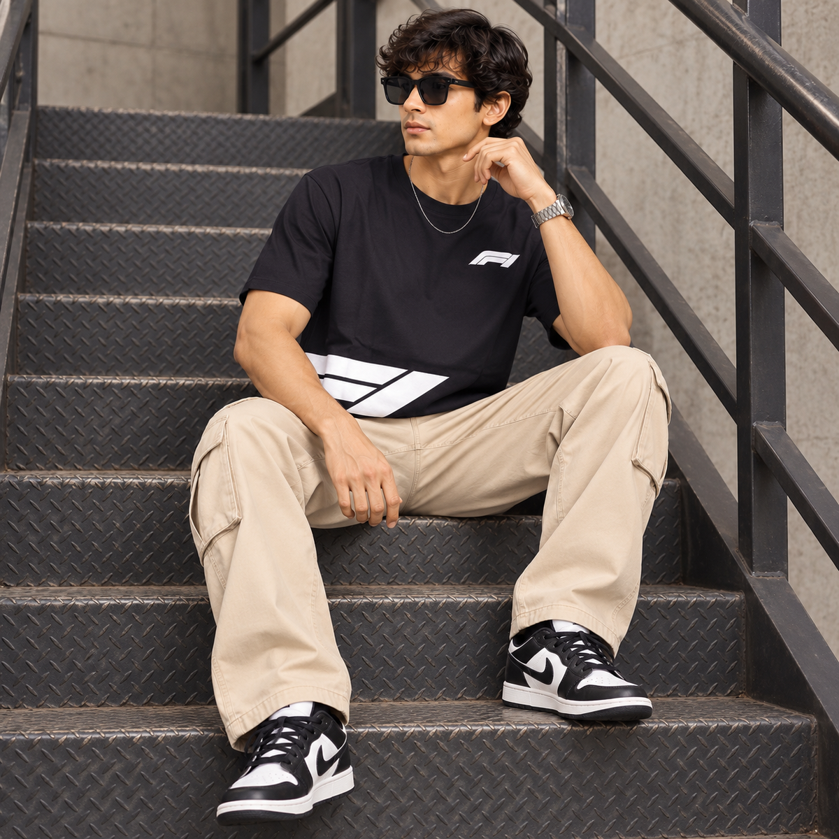Men’s Black Down Shoulder Abstract Graphic Printed T-Shirt