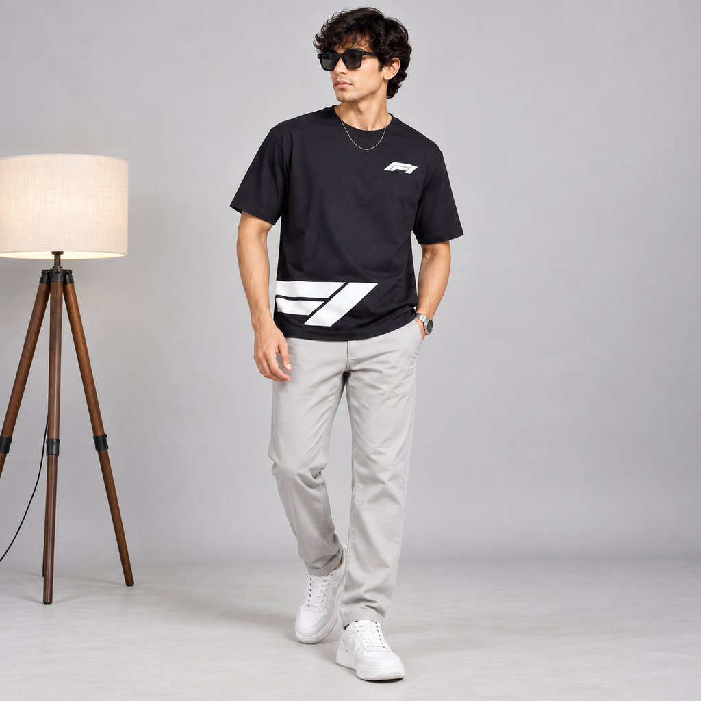 Men’s Black Down Shoulder Abstract Graphic Printed T-Shirt