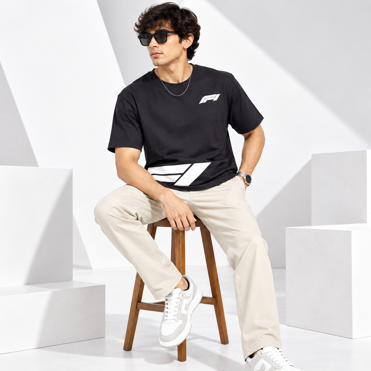 Men’s Black Down Shoulder Abstract Graphic Printed T-Shirt