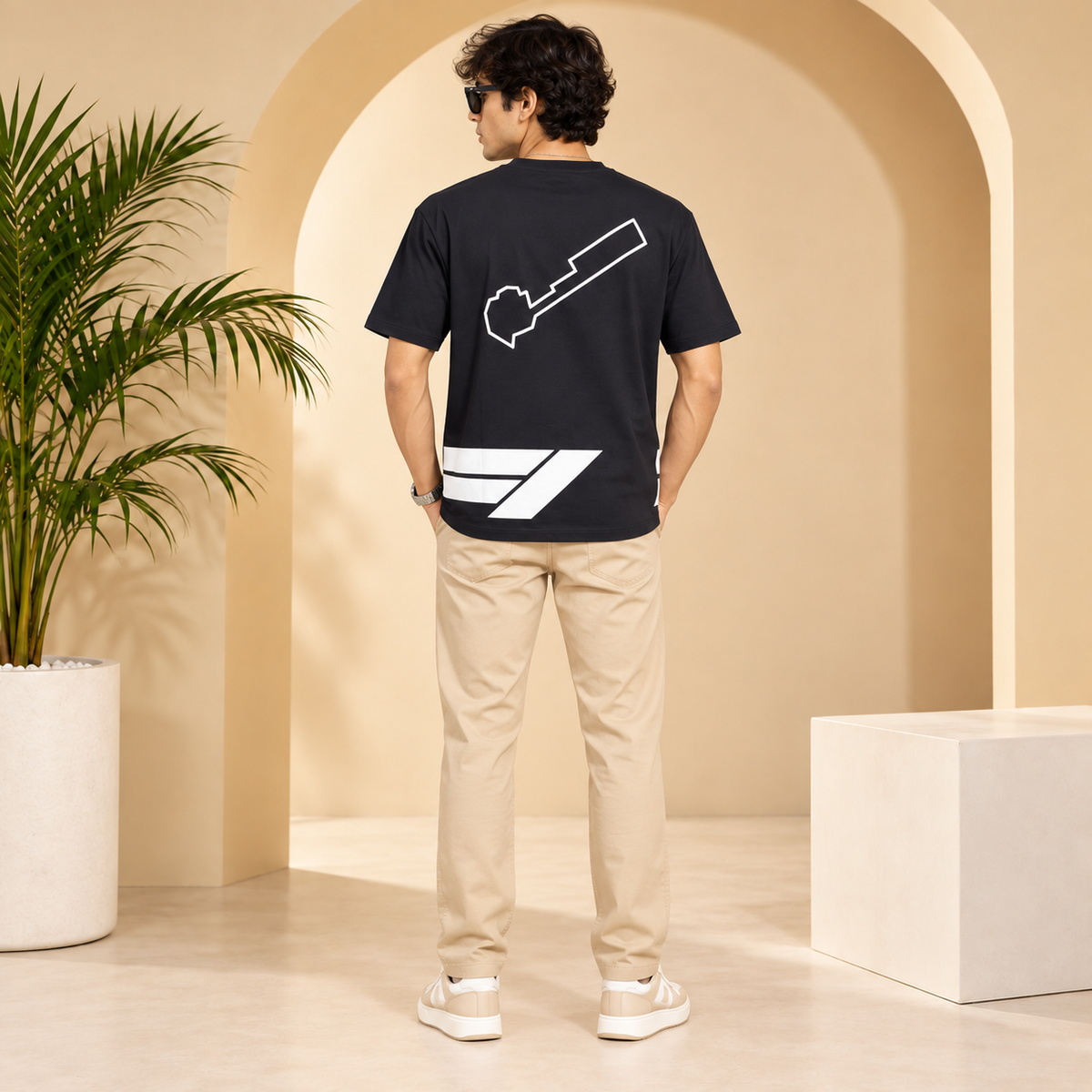Men’s Black Down Shoulder Abstract Graphic Printed T-Shirt