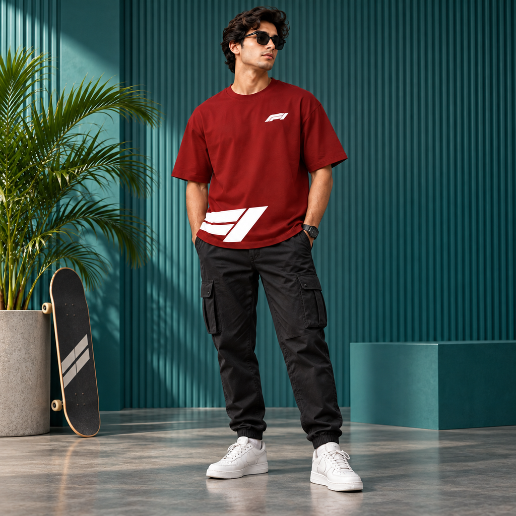 Men’s Red Down Shoulder Abstract Graphic Printed T-Shirt
