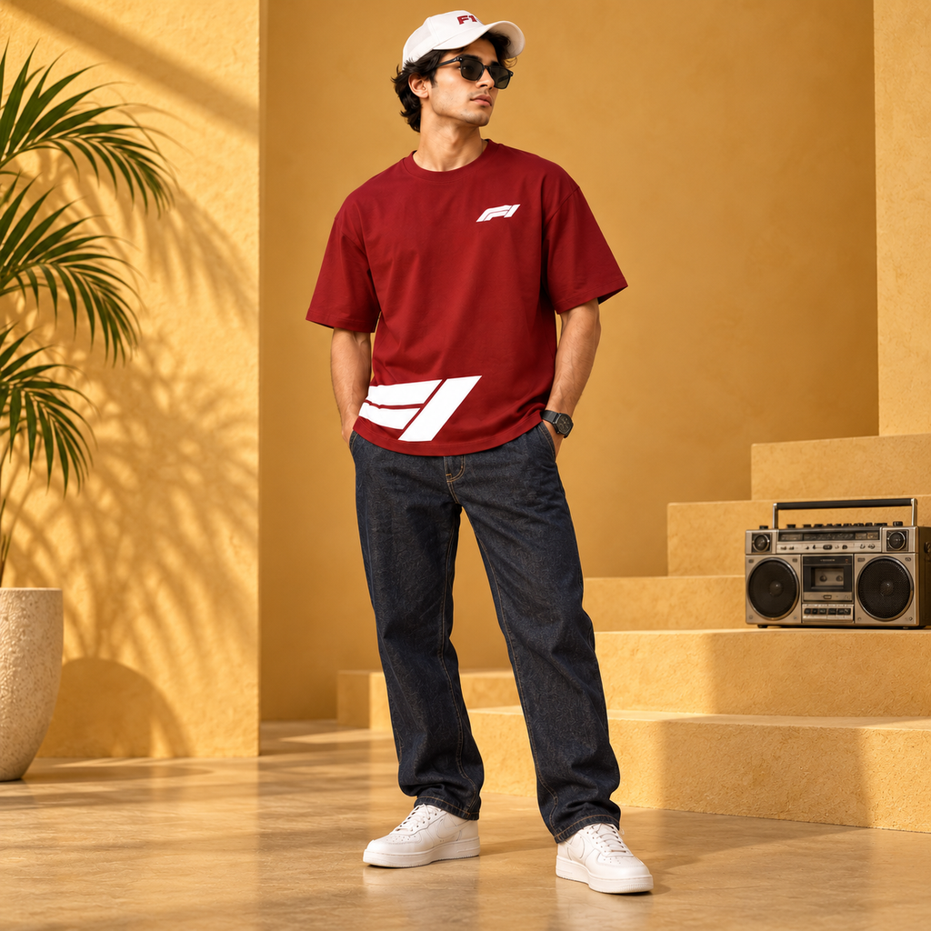 Men’s Red Down Shoulder Abstract Graphic Printed T-Shirt