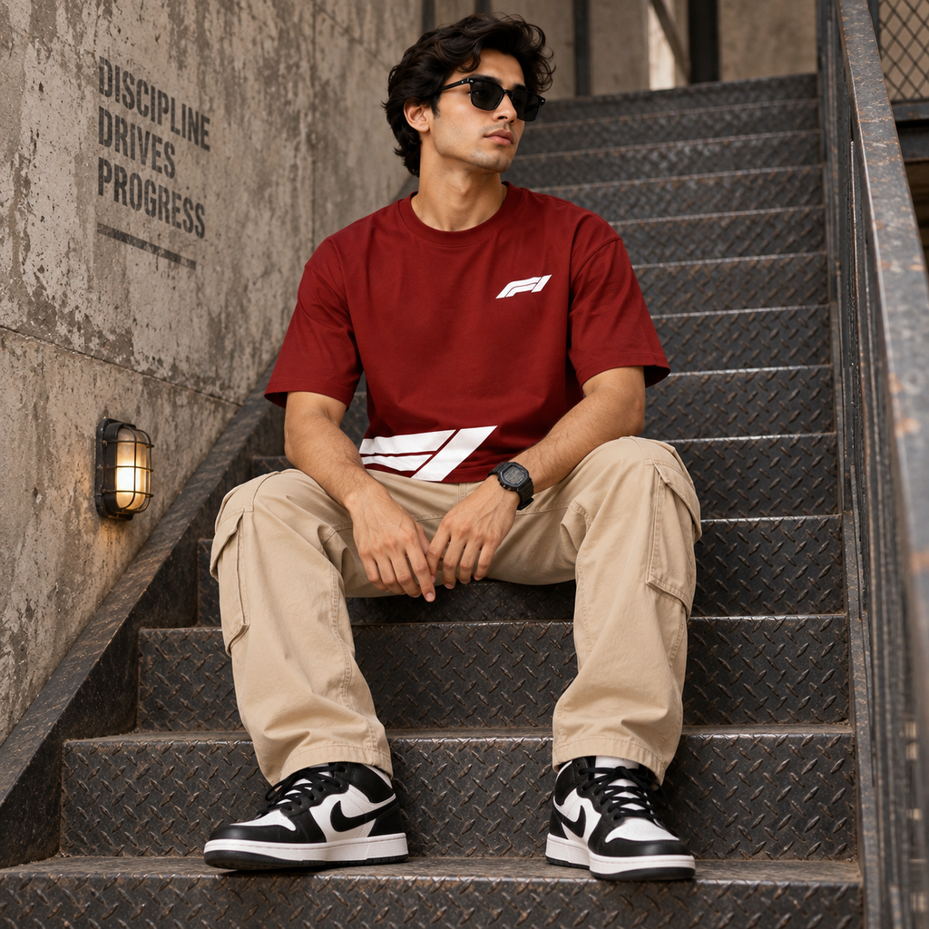 Men’s Red Down Shoulder Abstract Graphic Printed T-Shirt