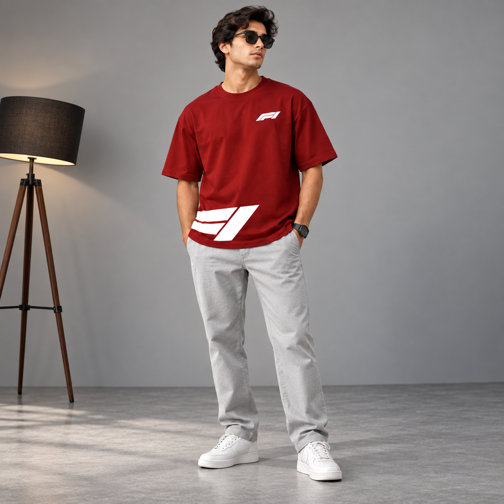 Men’s Red Down Shoulder Abstract Graphic Printed T-Shirt