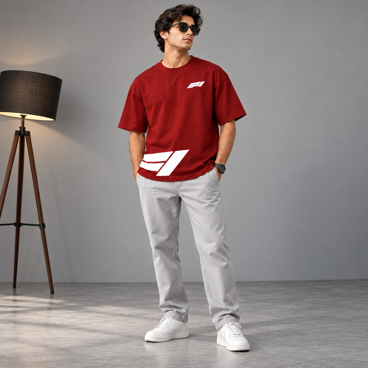 Men’s Red Down Shoulder Abstract Graphic Printed T-Shirt