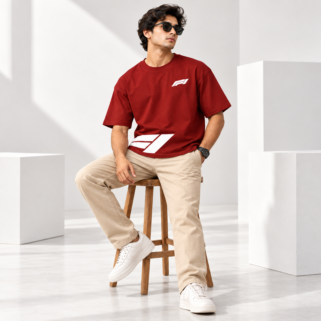 Men’s Red Down Shoulder Abstract Graphic Printed T-Shirt