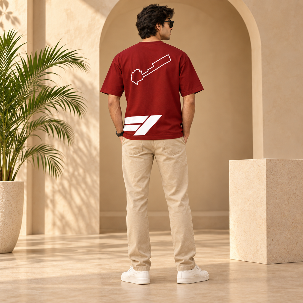 Men’s Red Down Shoulder Abstract Graphic Printed T-Shirt