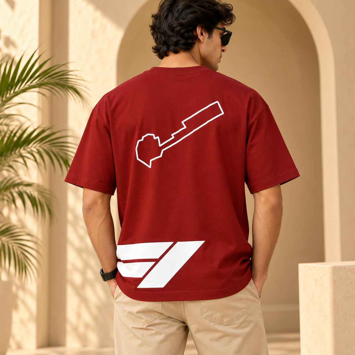 Men’s Red Down Shoulder Abstract Graphic Printed T-Shirt