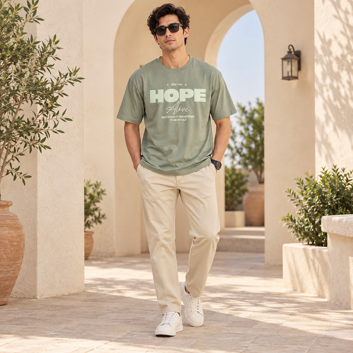 Men’s Sage Green Down Shoulder HOPE Alive Graphic Printed T-Shirt
