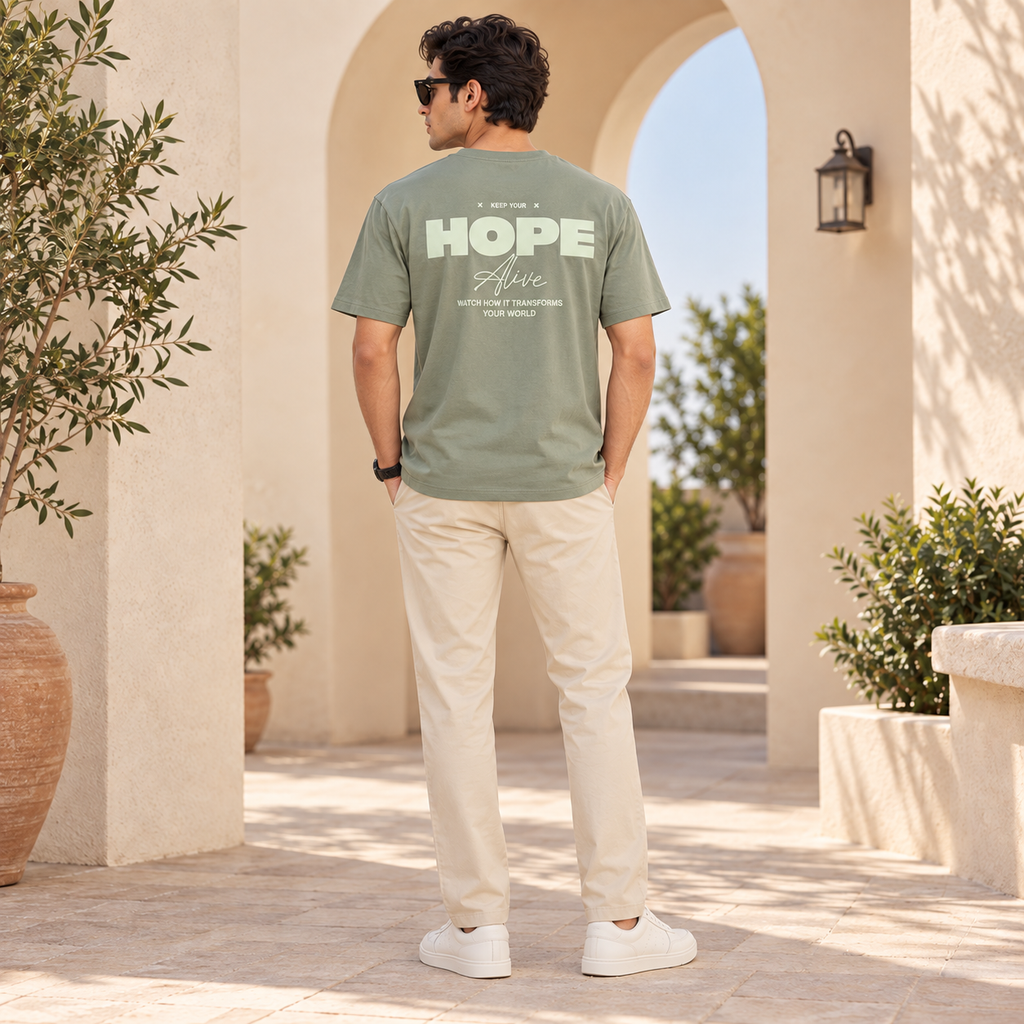 Men’s Sage Green Down Shoulder HOPE Alive Graphic Printed T-Shirt