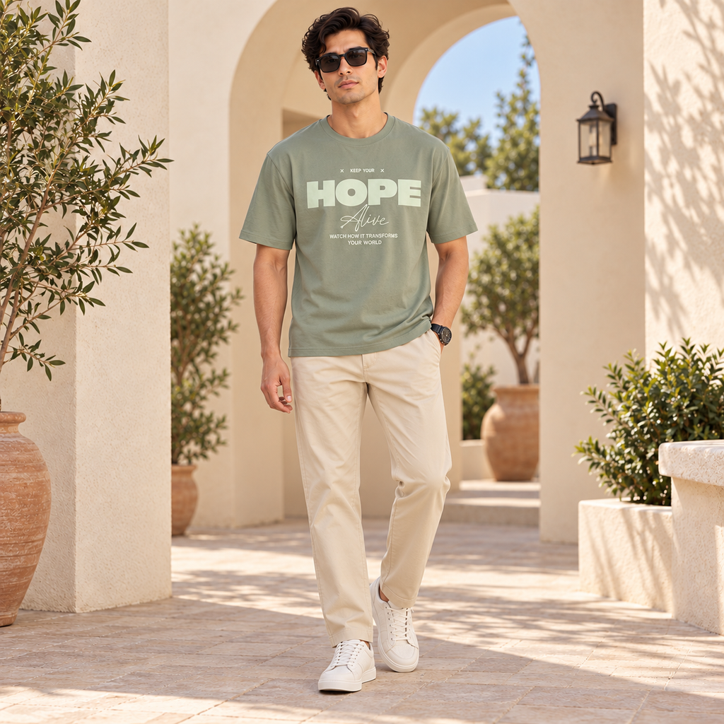 Men’s Sage Green Down Shoulder HOPE Alive Graphic Printed T-Shirt