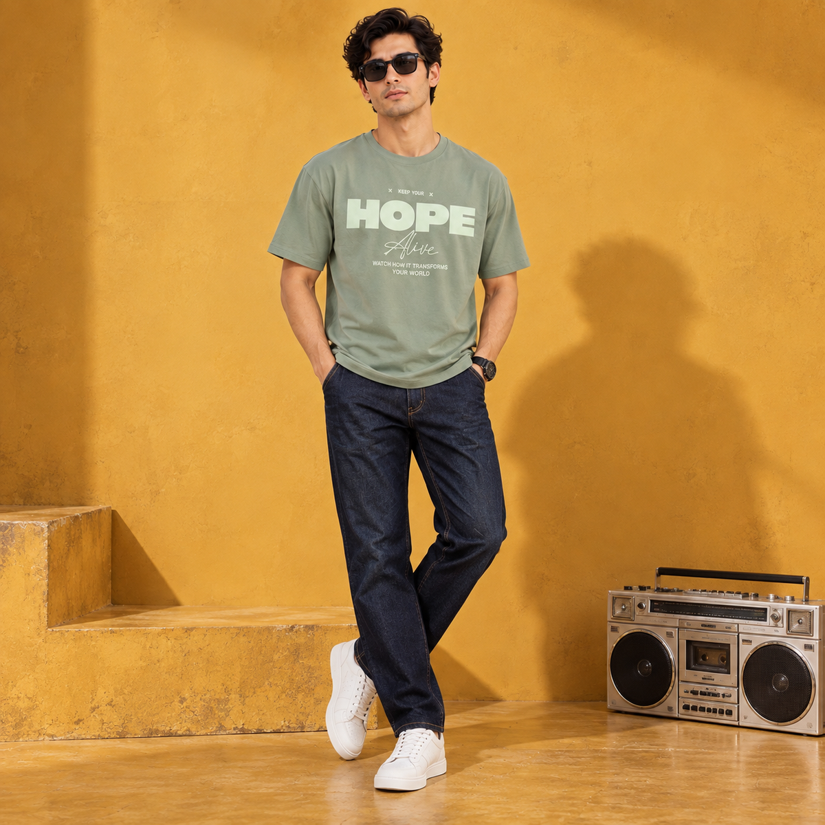 Men’s Sage Green Down Shoulder HOPE Alive Graphic Printed T-Shirt