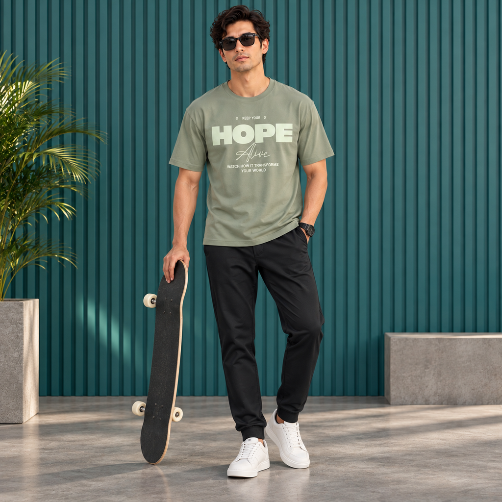 Men’s Sage Green Down Shoulder HOPE Alive Graphic Printed T-Shirt