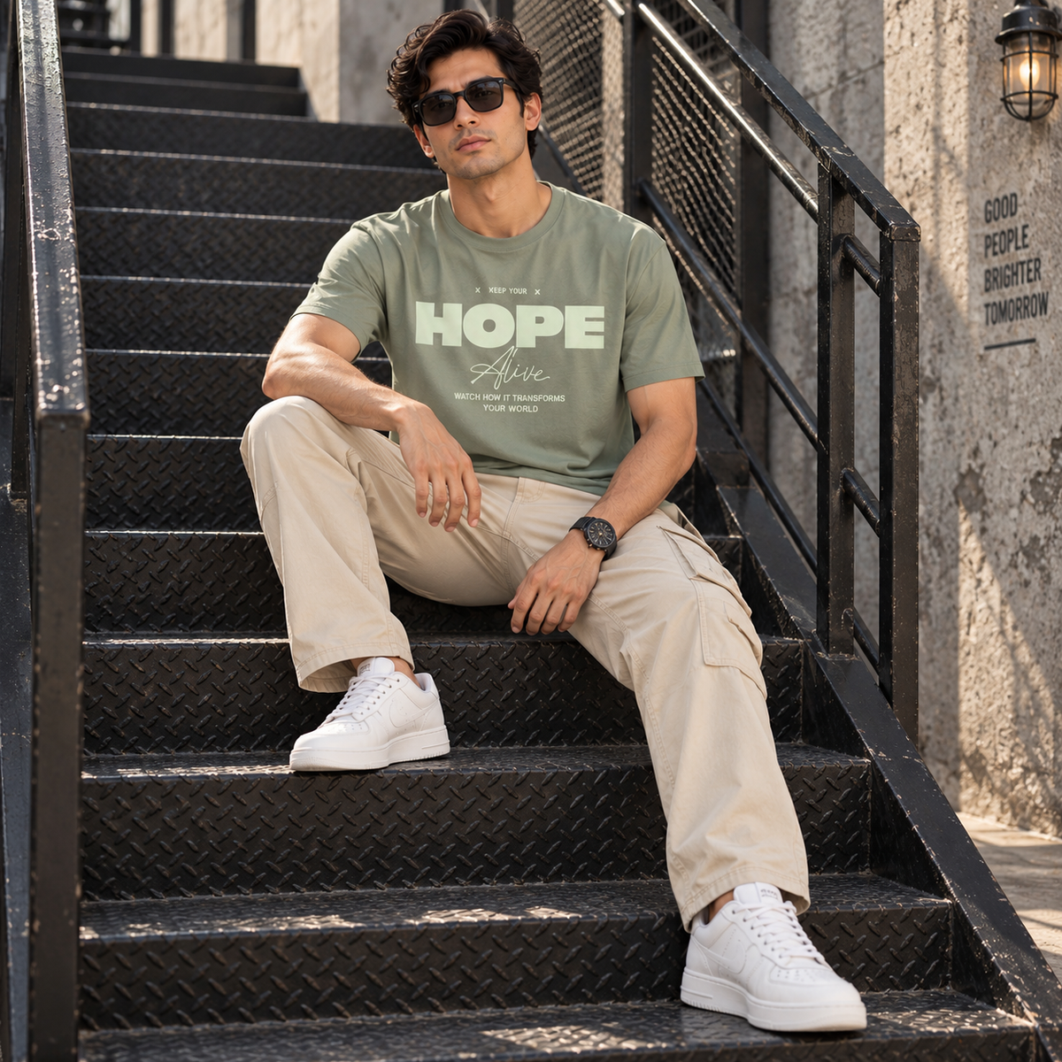 Men’s Sage Green Down Shoulder HOPE Alive Graphic Printed T-Shirt