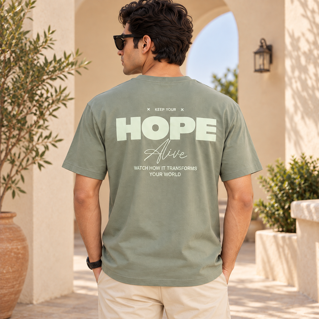 Men’s Sage Green Down Shoulder HOPE Alive Graphic Printed T-Shirt