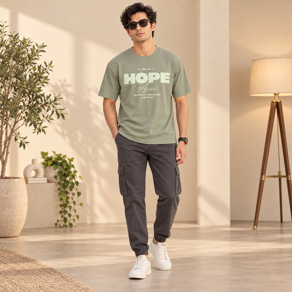 Men’s Sage Green Down Shoulder HOPE Alive Graphic Printed T-Shirt