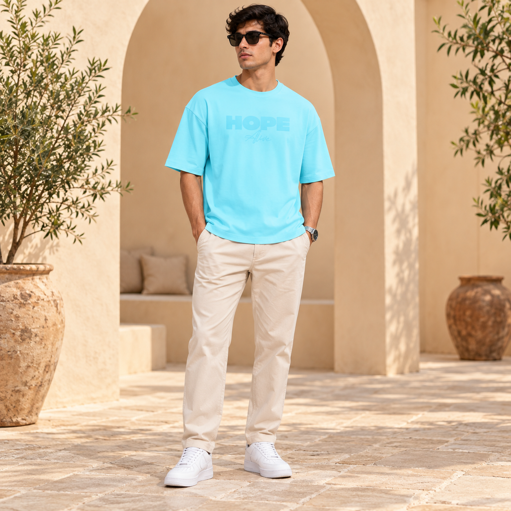 Men’s Sky Blue Down Shoulder HOPE Graphic Printed T-Shirt