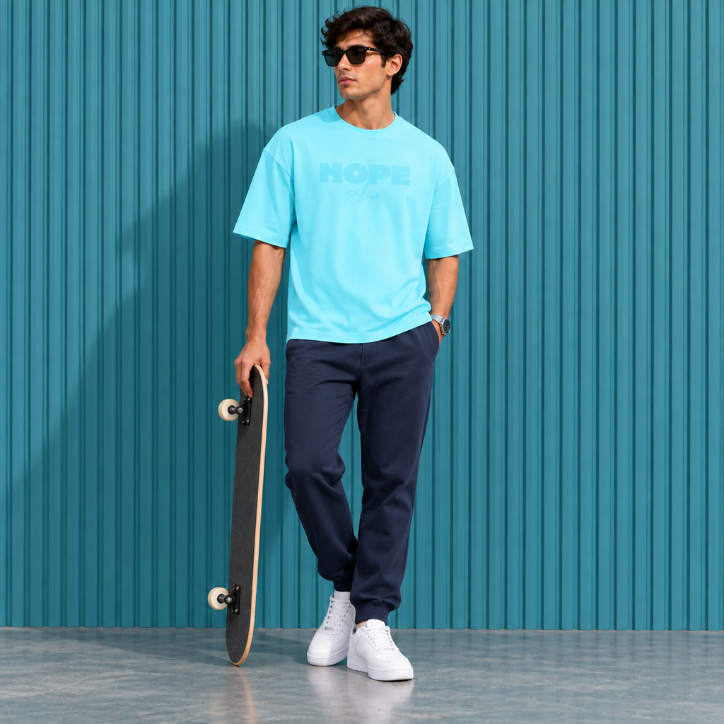 Men’s Sky Blue Down Shoulder HOPE Graphic Printed T-Shirt