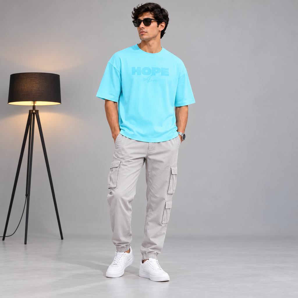 Men’s Sky Blue Down Shoulder HOPE Graphic Printed T-Shirt