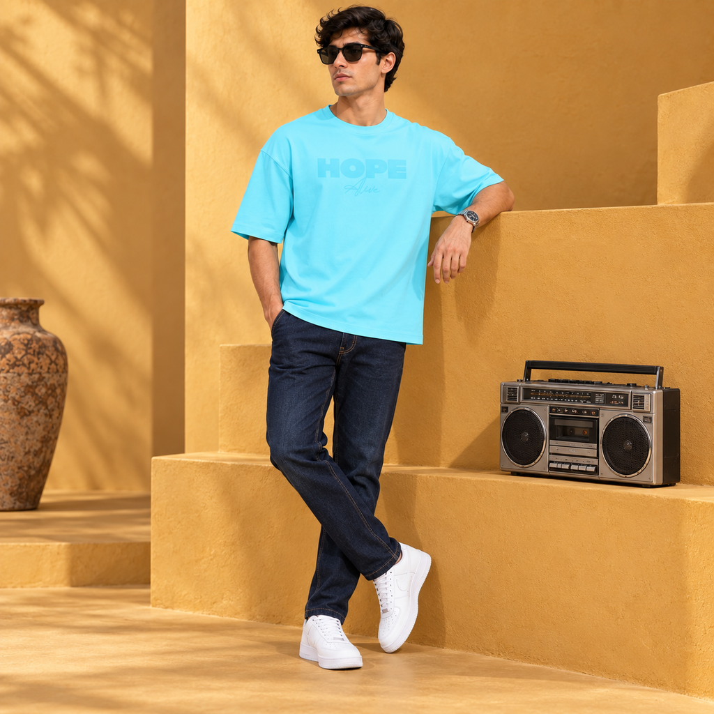 Men’s Sky Blue Down Shoulder HOPE Graphic Printed T-Shirt