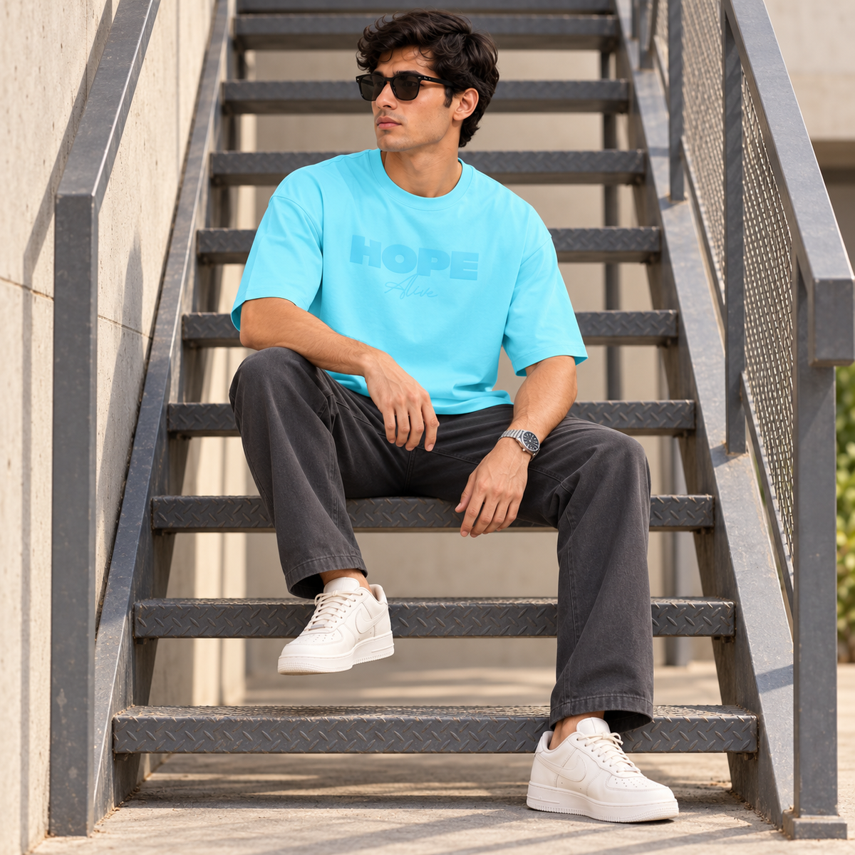 Men’s Sky Blue Down Shoulder HOPE Graphic Printed T-Shirt