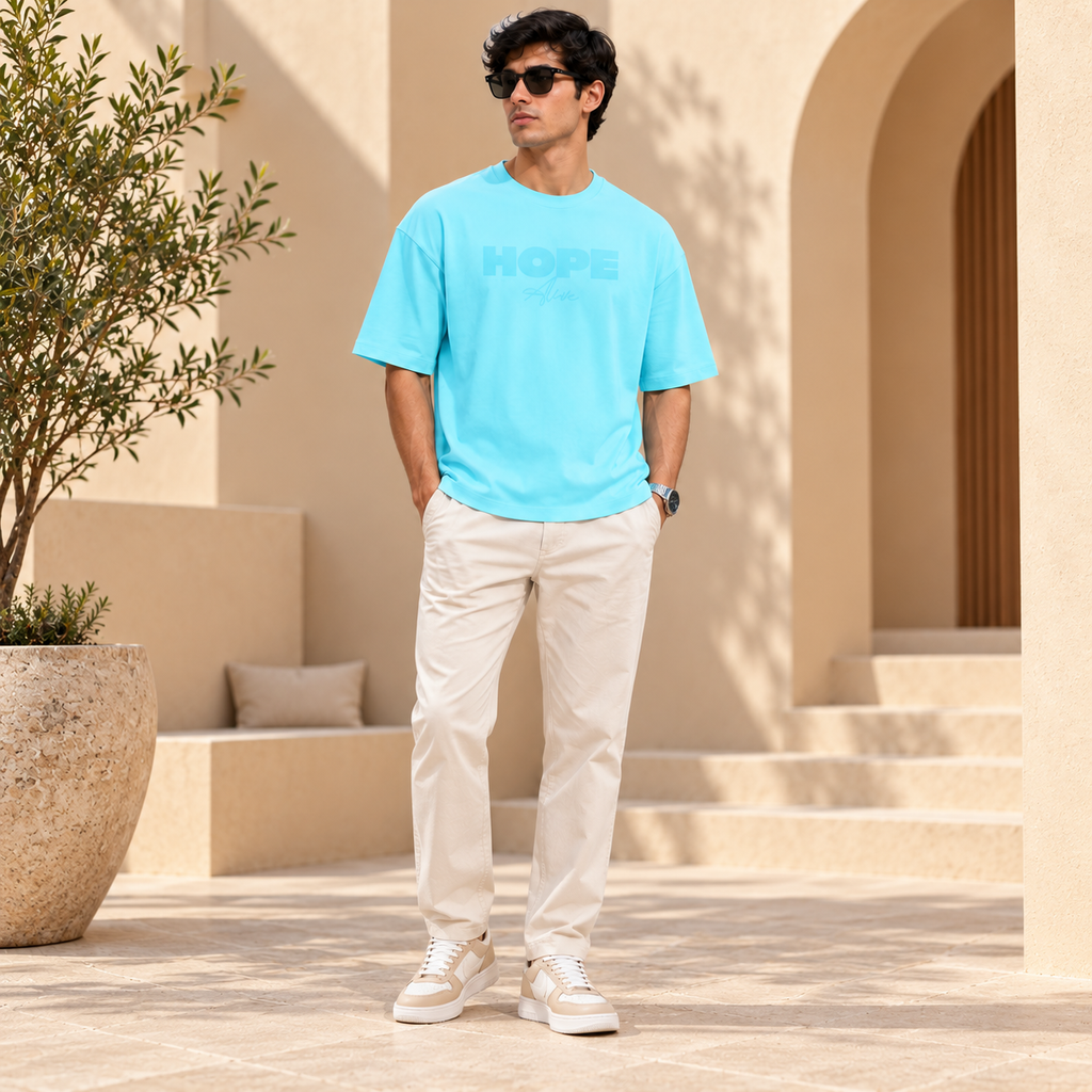Men’s Sky Blue Down Shoulder HOPE Graphic Printed T-Shirt