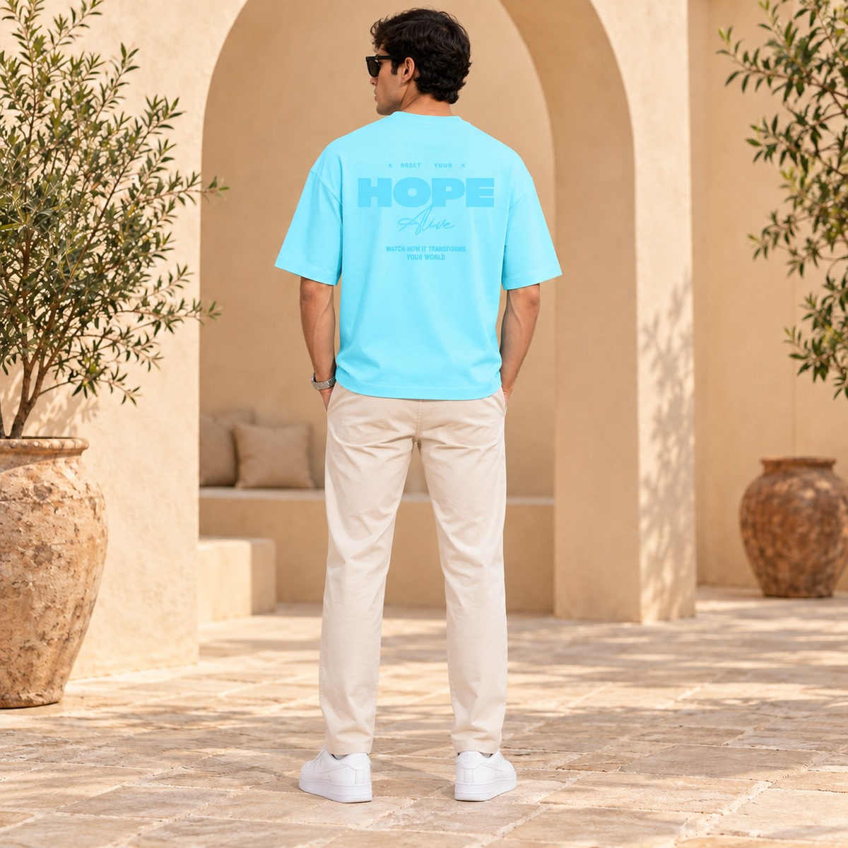 Men’s Sky Blue Down Shoulder HOPE Graphic Printed T-Shirt