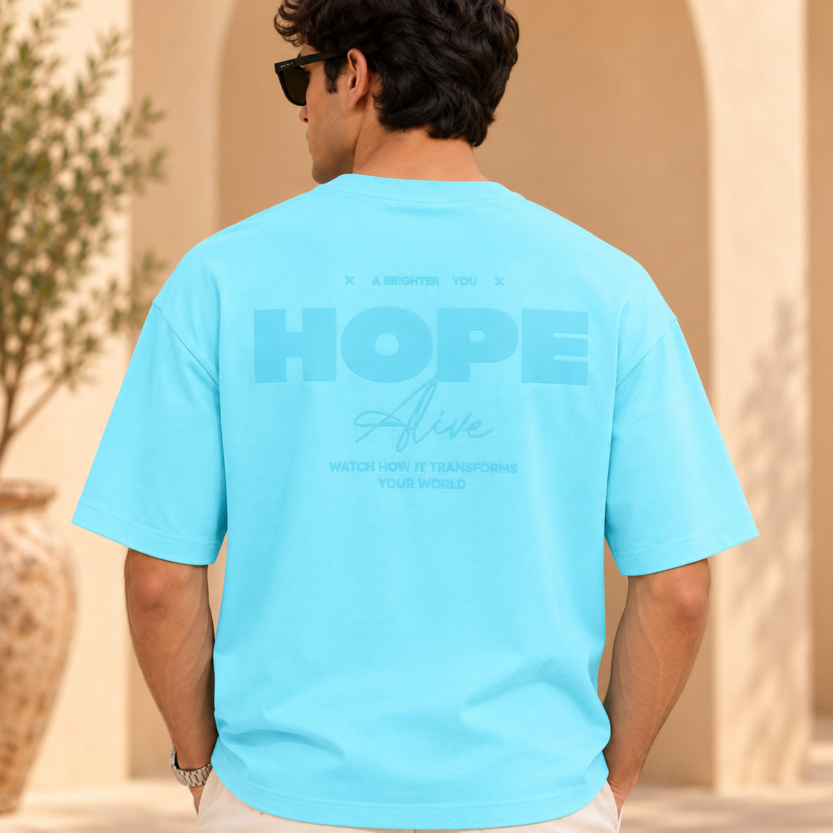 Men’s Sky Blue Down Shoulder HOPE Graphic Printed T-Shirt