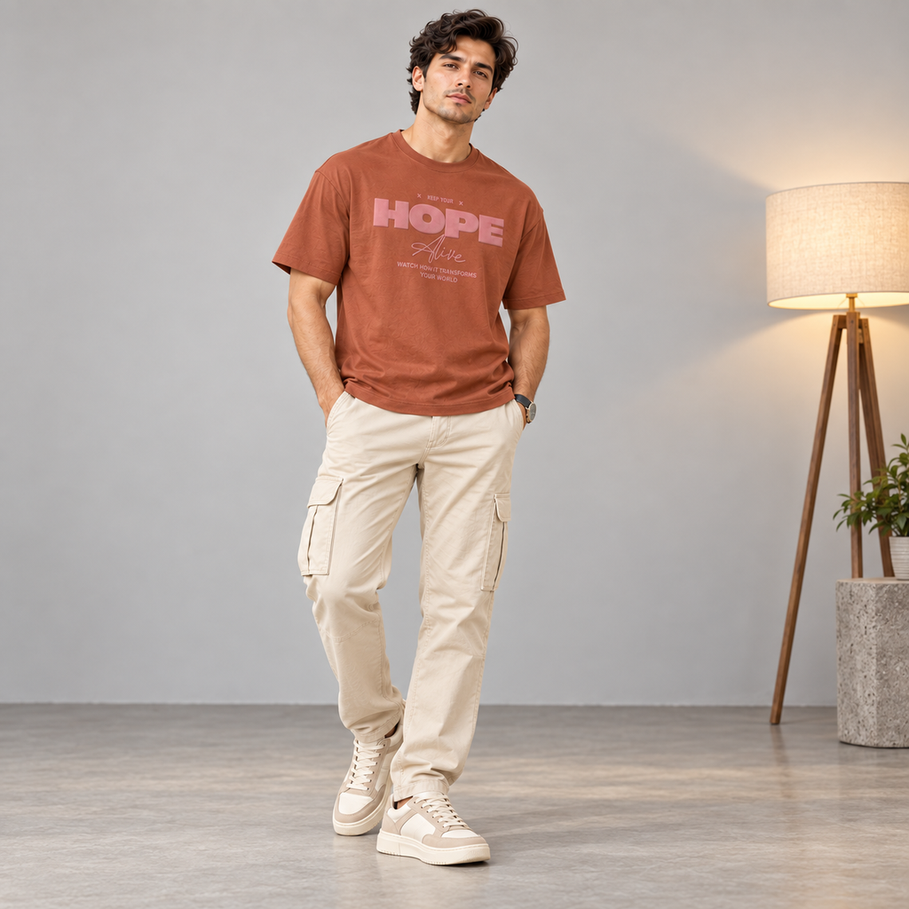 Men’s Rust Brown Down Shoulder HOPE Alive Graphic Printed T-Shirt