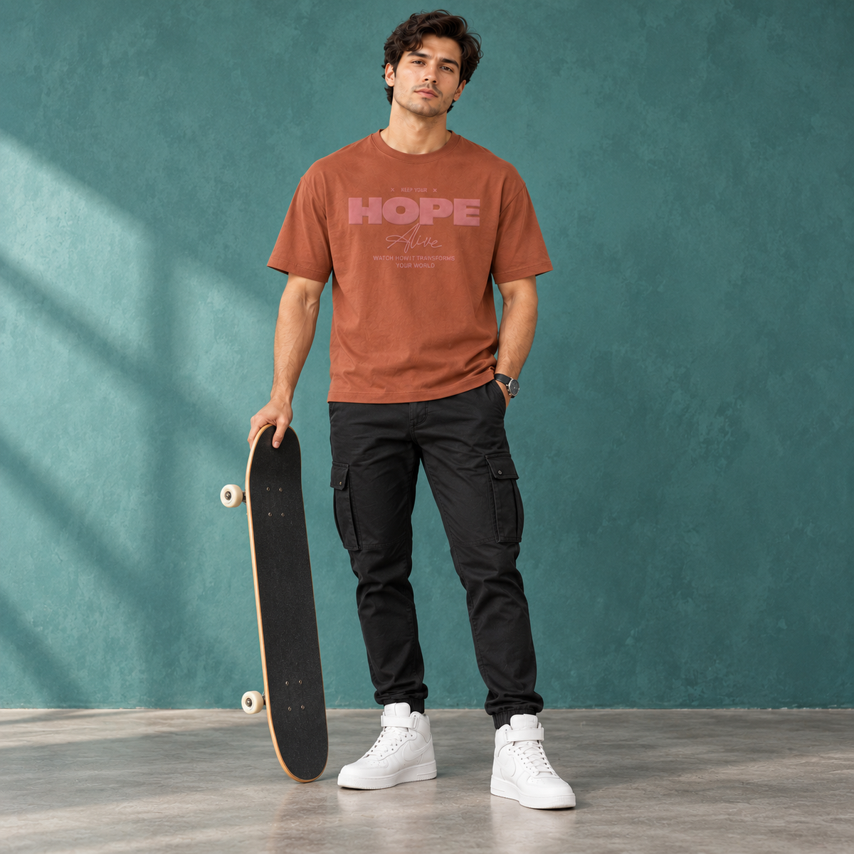 Men’s Rust Brown Down Shoulder HOPE Alive Graphic Printed T-Shirt