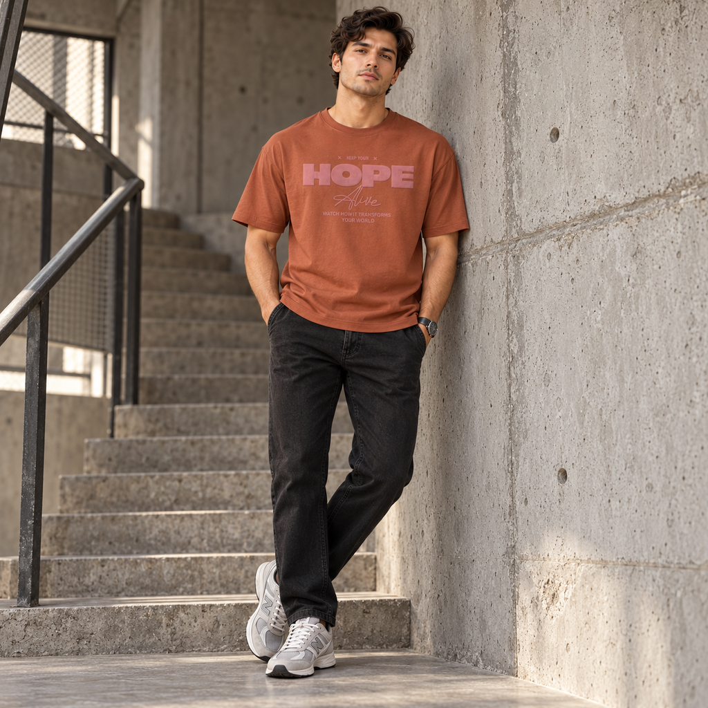 Men’s Rust Brown Down Shoulder HOPE Alive Graphic Printed T-Shirt