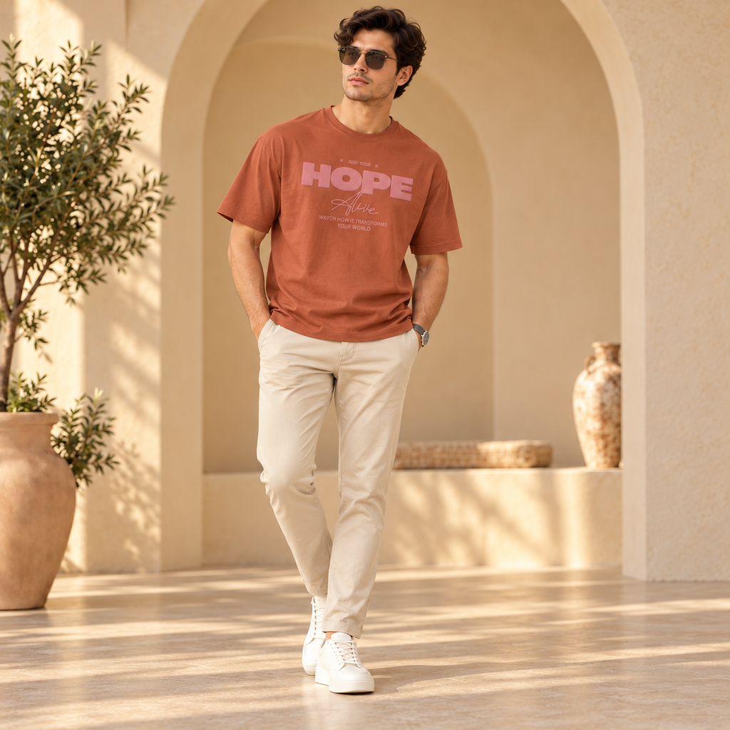 Men’s Rust Brown Down Shoulder HOPE Alive Graphic Printed T-Shirt